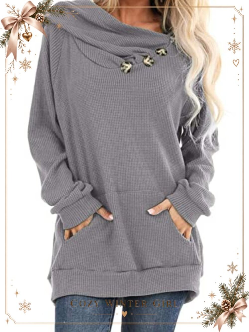 Women's Casual Waffle Knit Hoodie Sweater Pullover Button Hooded Long Sleeve